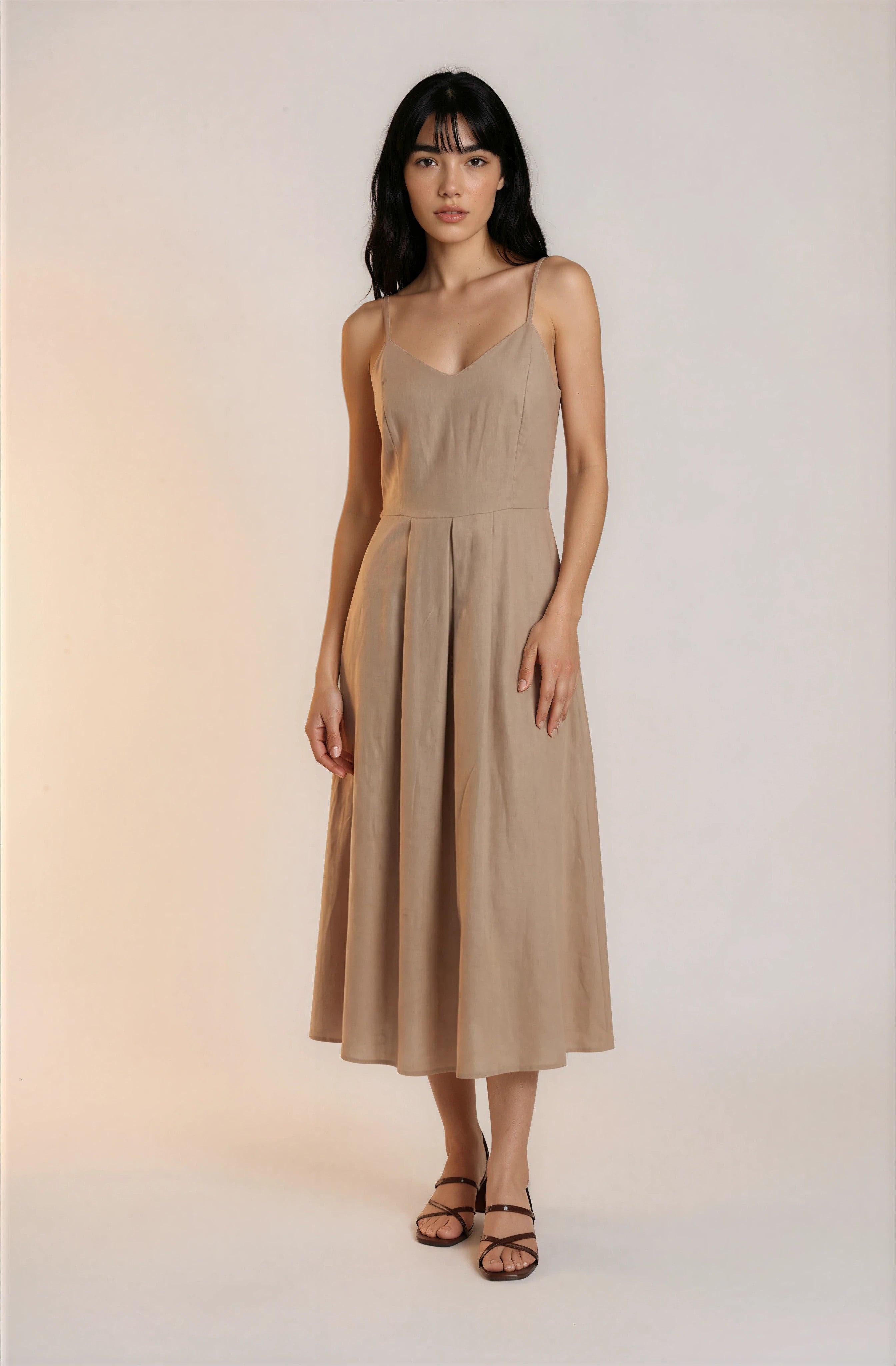 Beige Linen Spaghetti Strap Midi Dress | Change Theory UAE.