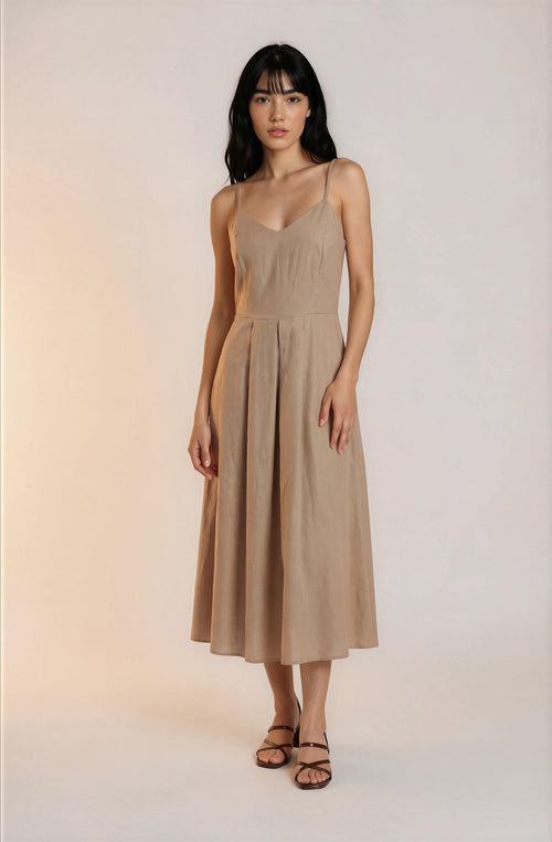 Beige Linen Spaghetti Strap Midi Dress | Change Theory UAE.