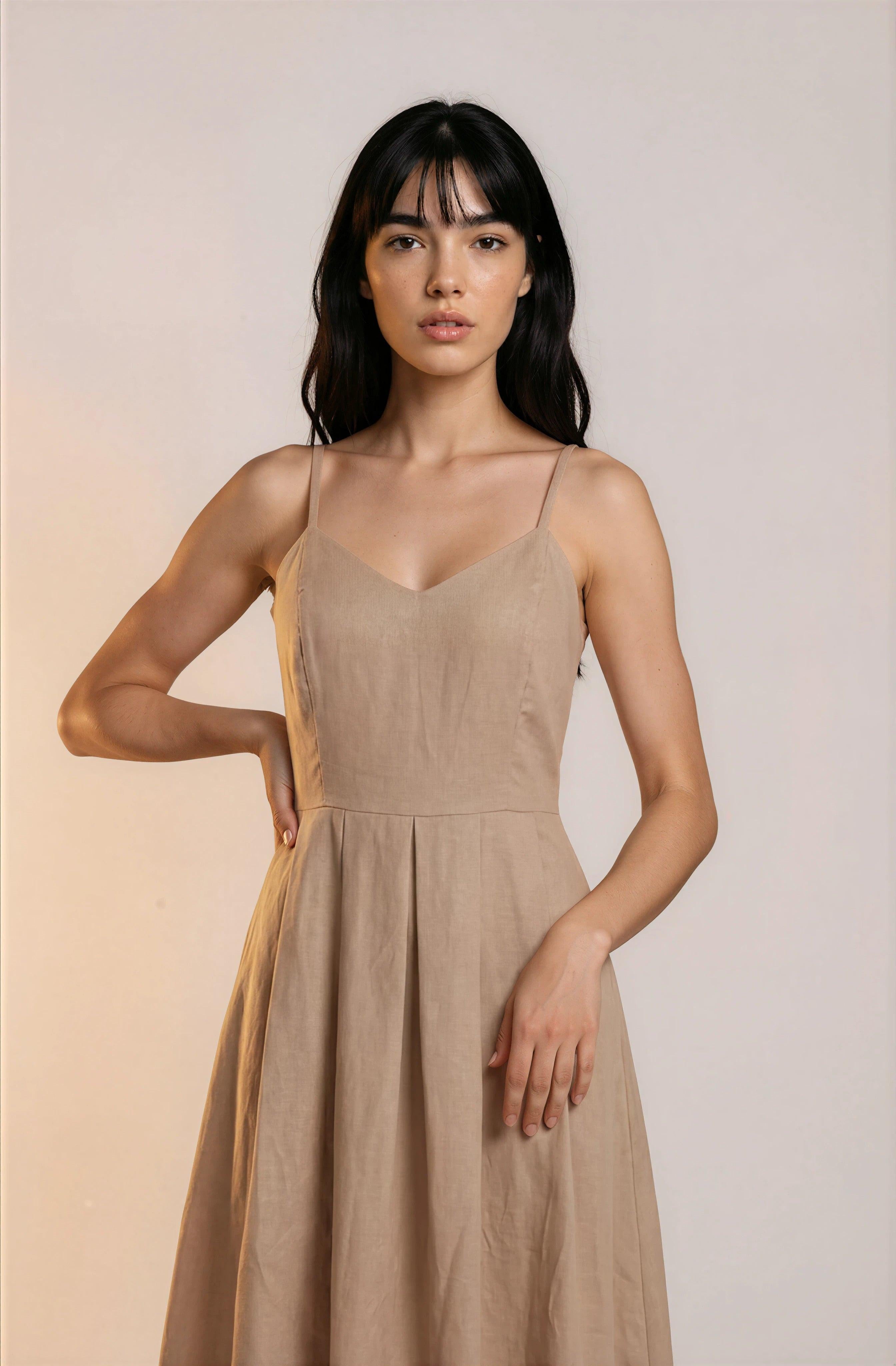 Beige Linen Spaghetti Strap Midi Dress | Change Theory UAE.