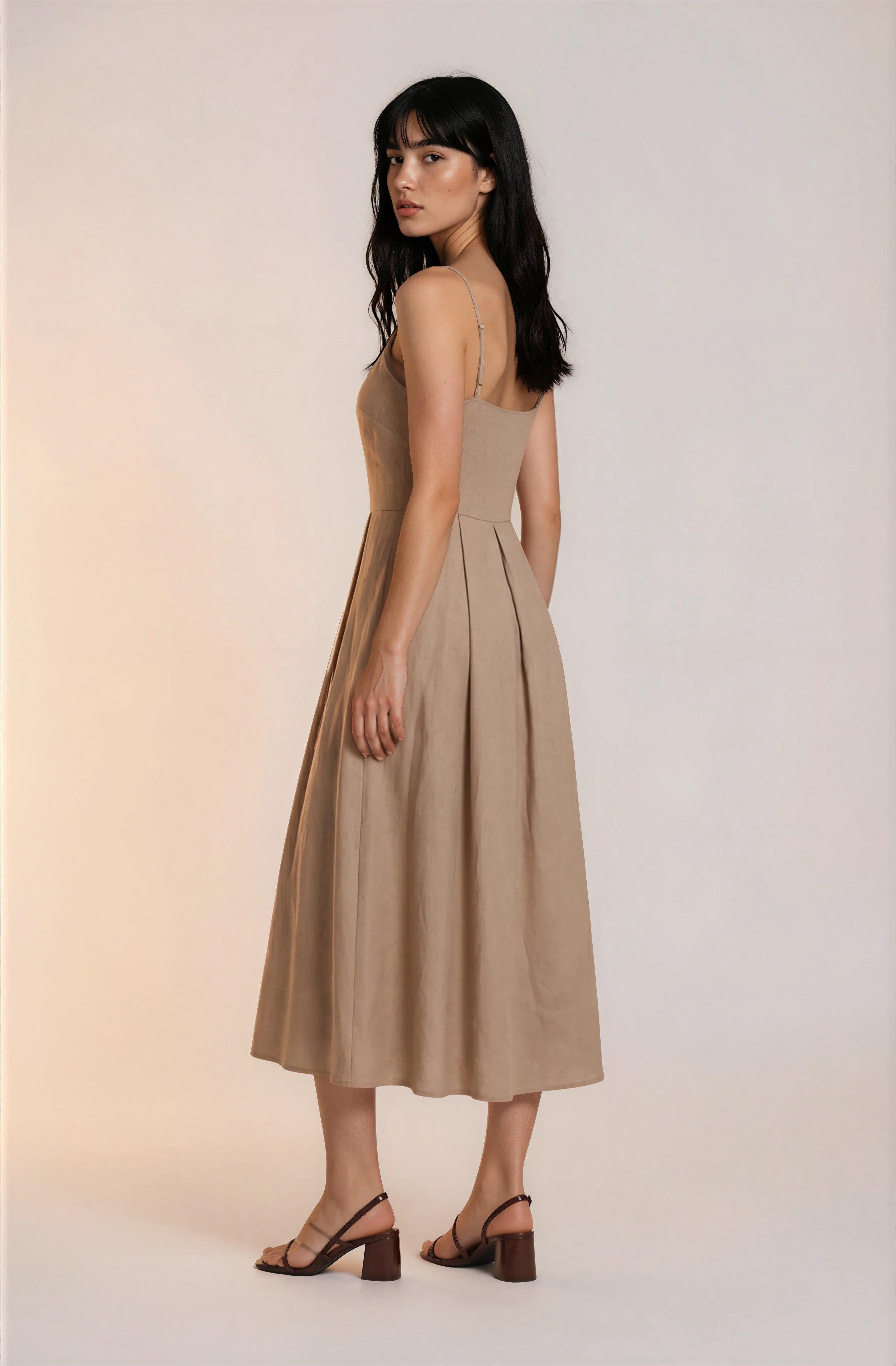 Beige Linen Spaghetti Strap Midi Dress | Change Theory UAE.