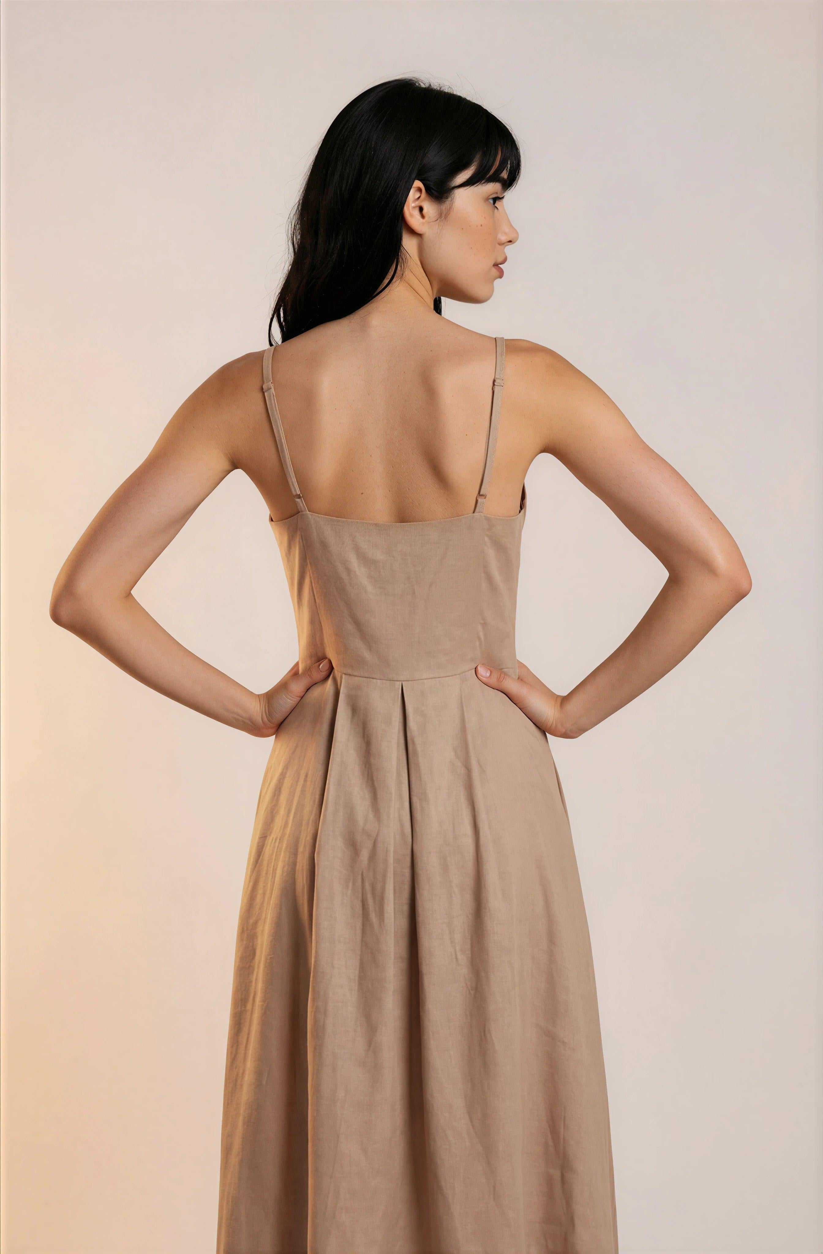 Beige Linen Spaghetti Strap Midi Dress | Change Theory UAE.