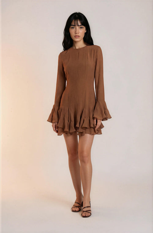 Chocolate Brown Ruffle Mini Dress | Change Theory UAE.