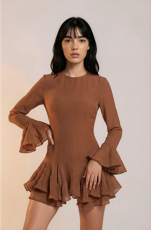 Chocolate Brown Ruffle Mini Dress | Change Theory UAE.