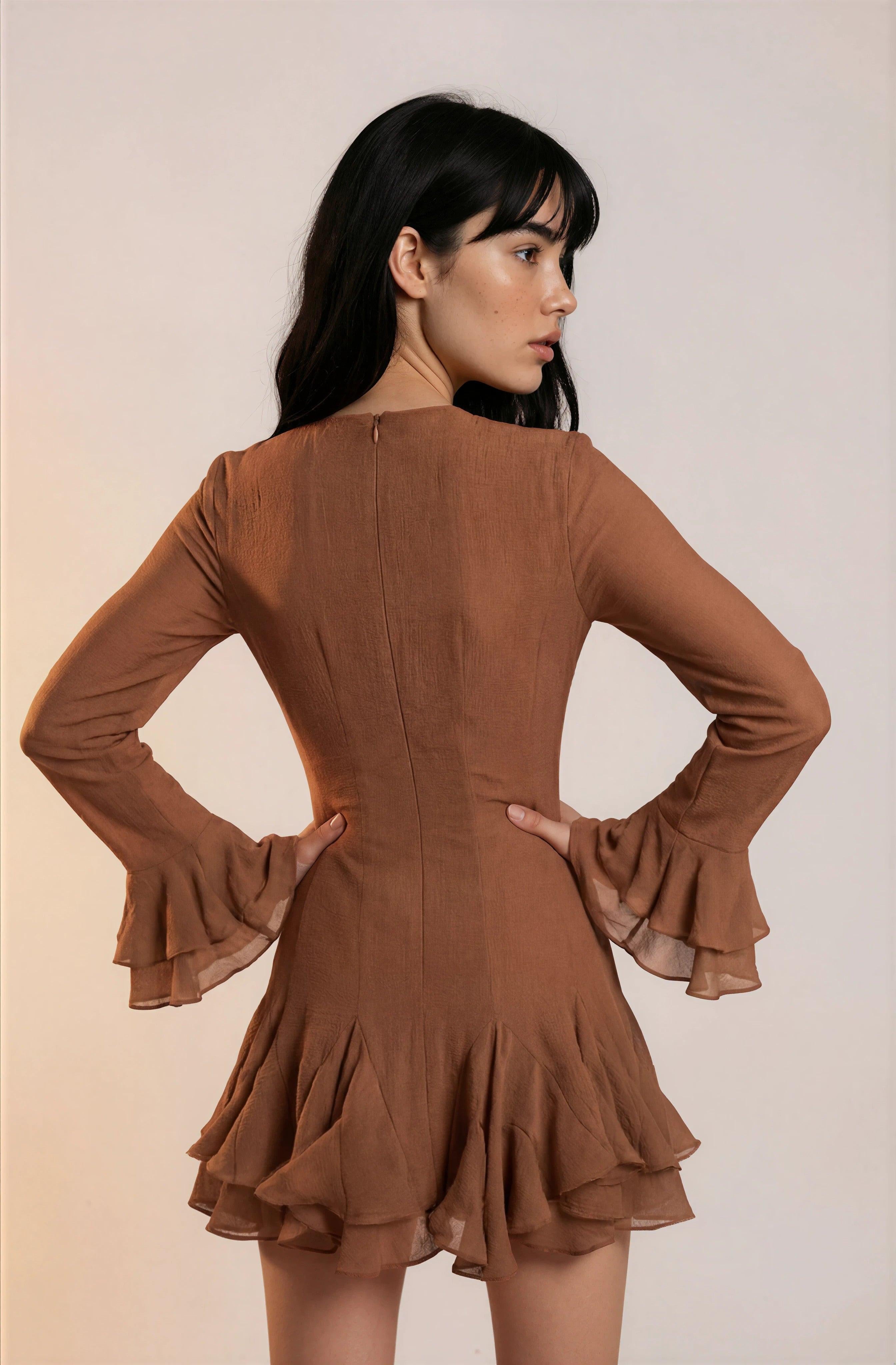 Chocolate Brown Ruffle Mini Dress | Change Theory UAE.