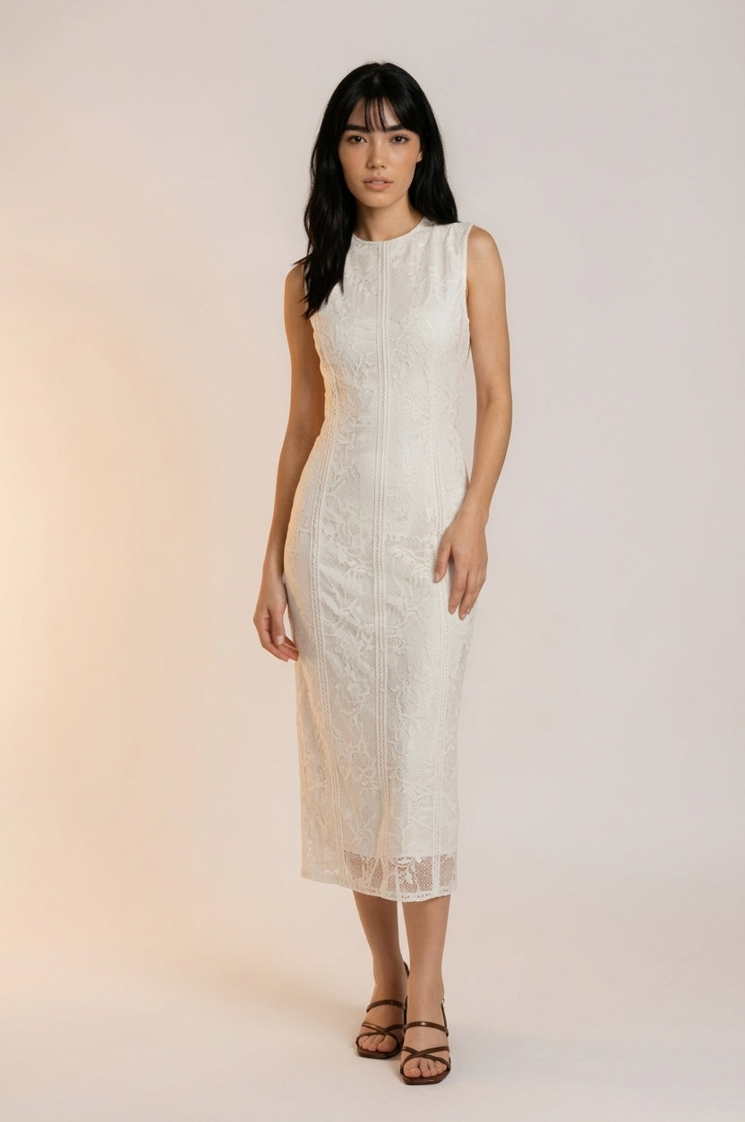 White Textured Sleeveless Midi Dress