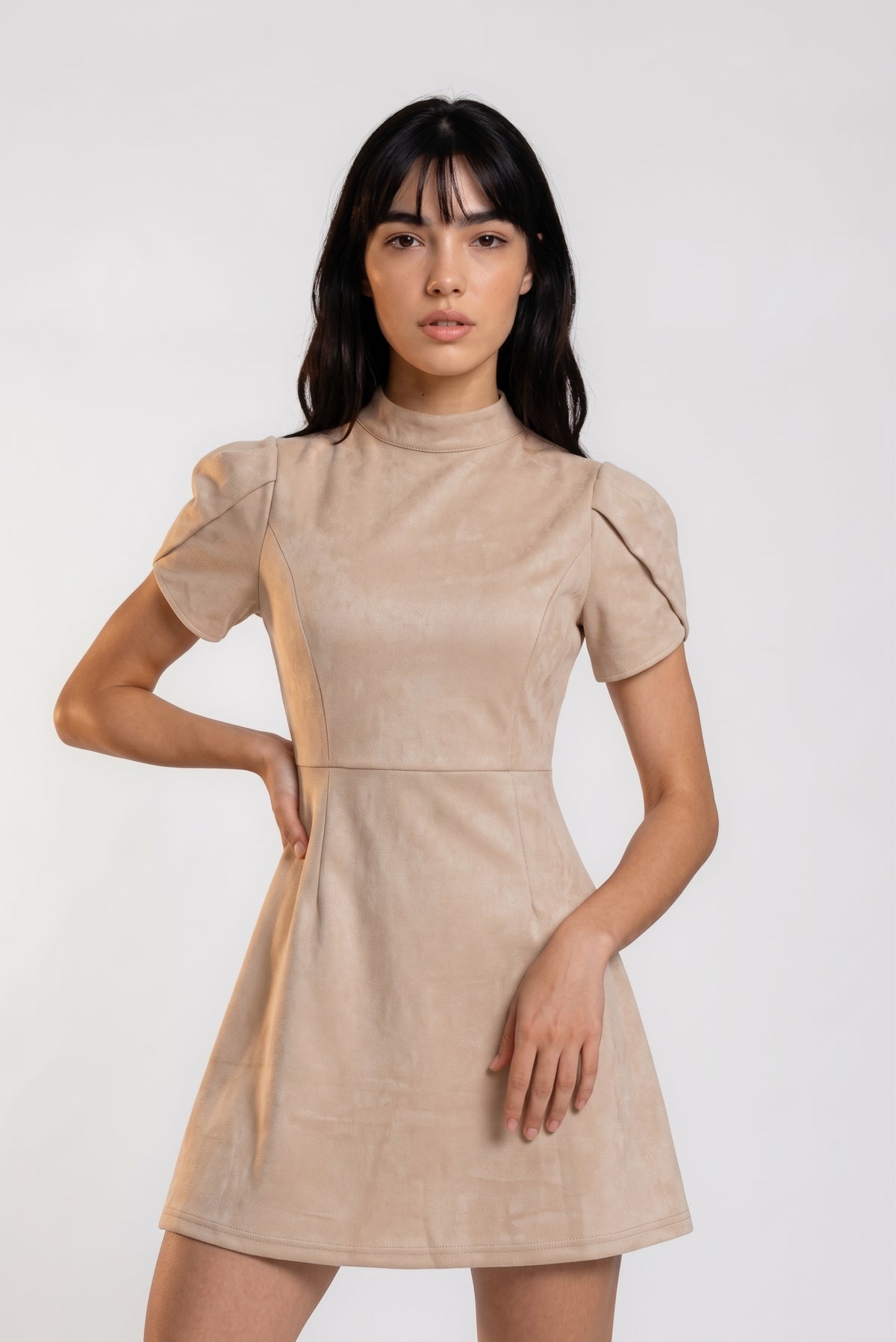 Neutral Elegant Puff Sleeve Mini Dress