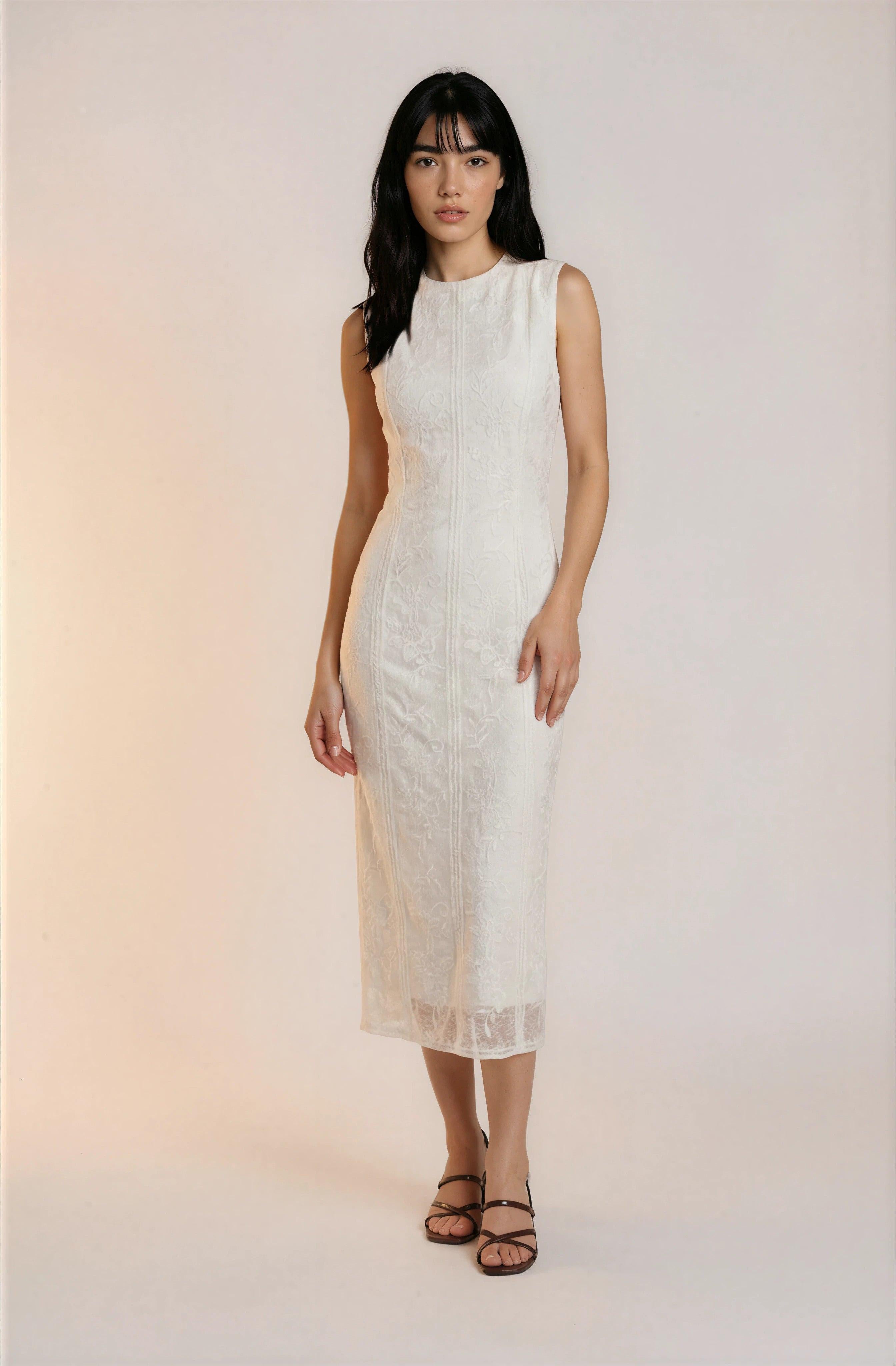 White Textured Sleeveless Midi Dress | Change Theory UAE.