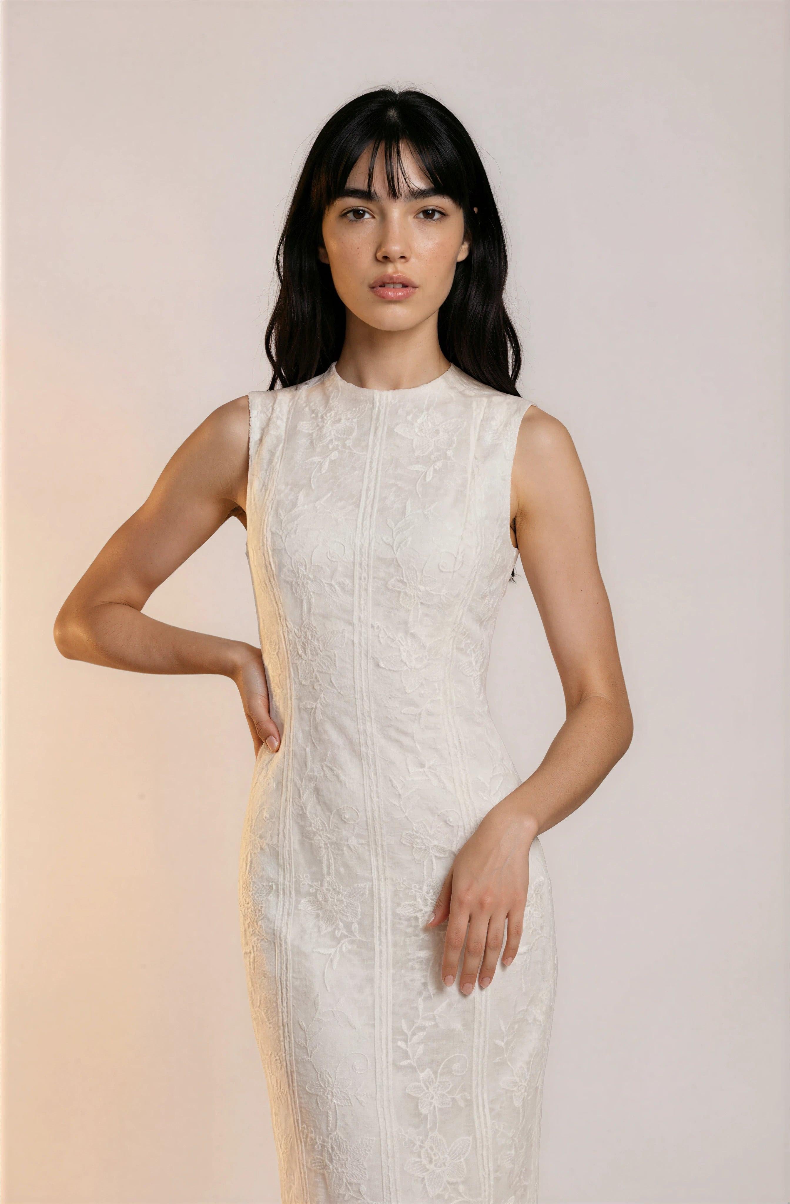 White Textured Sleeveless Midi Dress | Change Theory UAE.