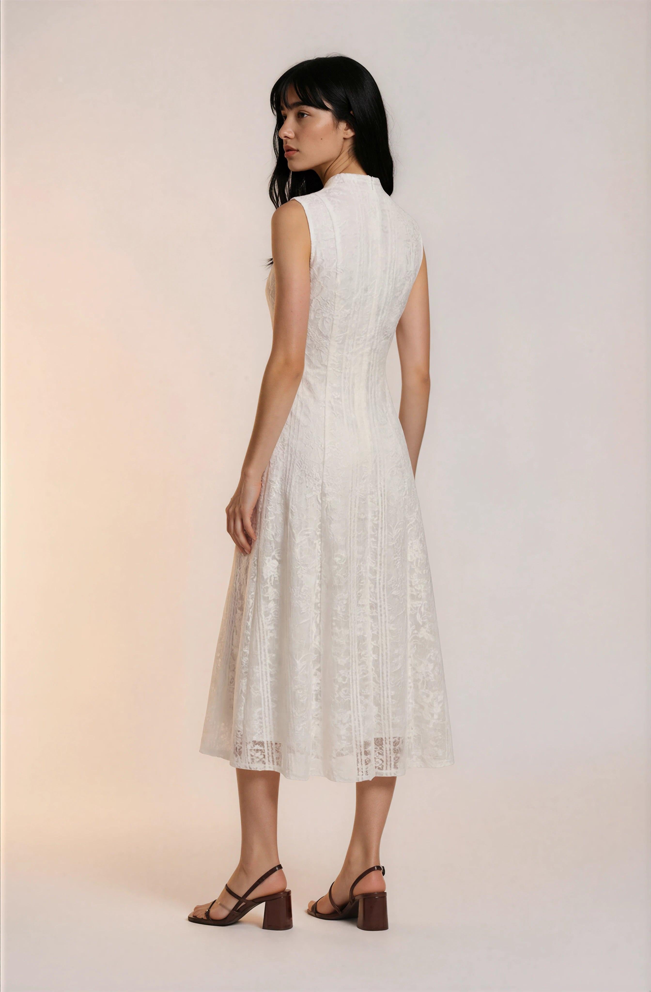 White Textured Sleeveless Midi Dress | Change Theory UAE.