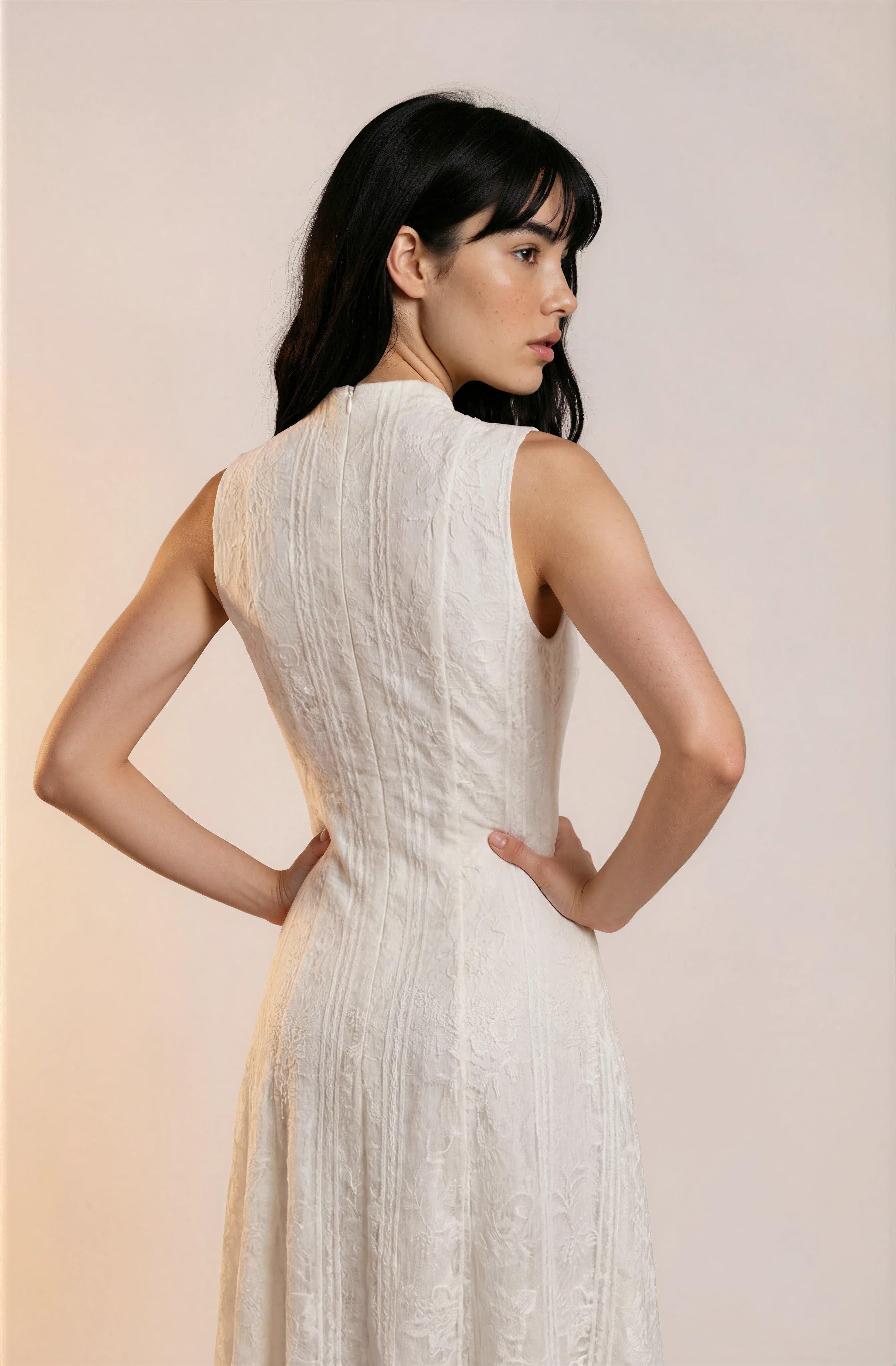 White Textured Sleeveless Midi Dress | Change Theory UAE.