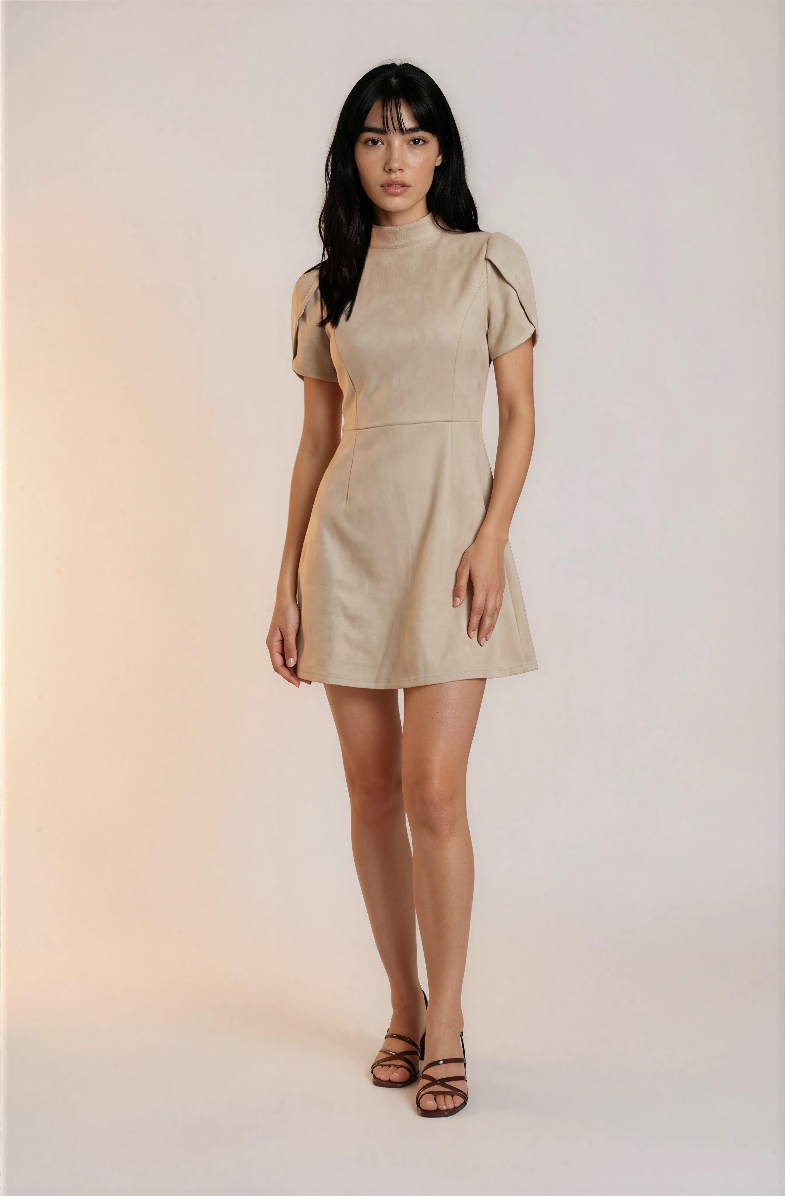 Neutral Elegant Puff Sleeve Mini Dress | Change Theory UAE.