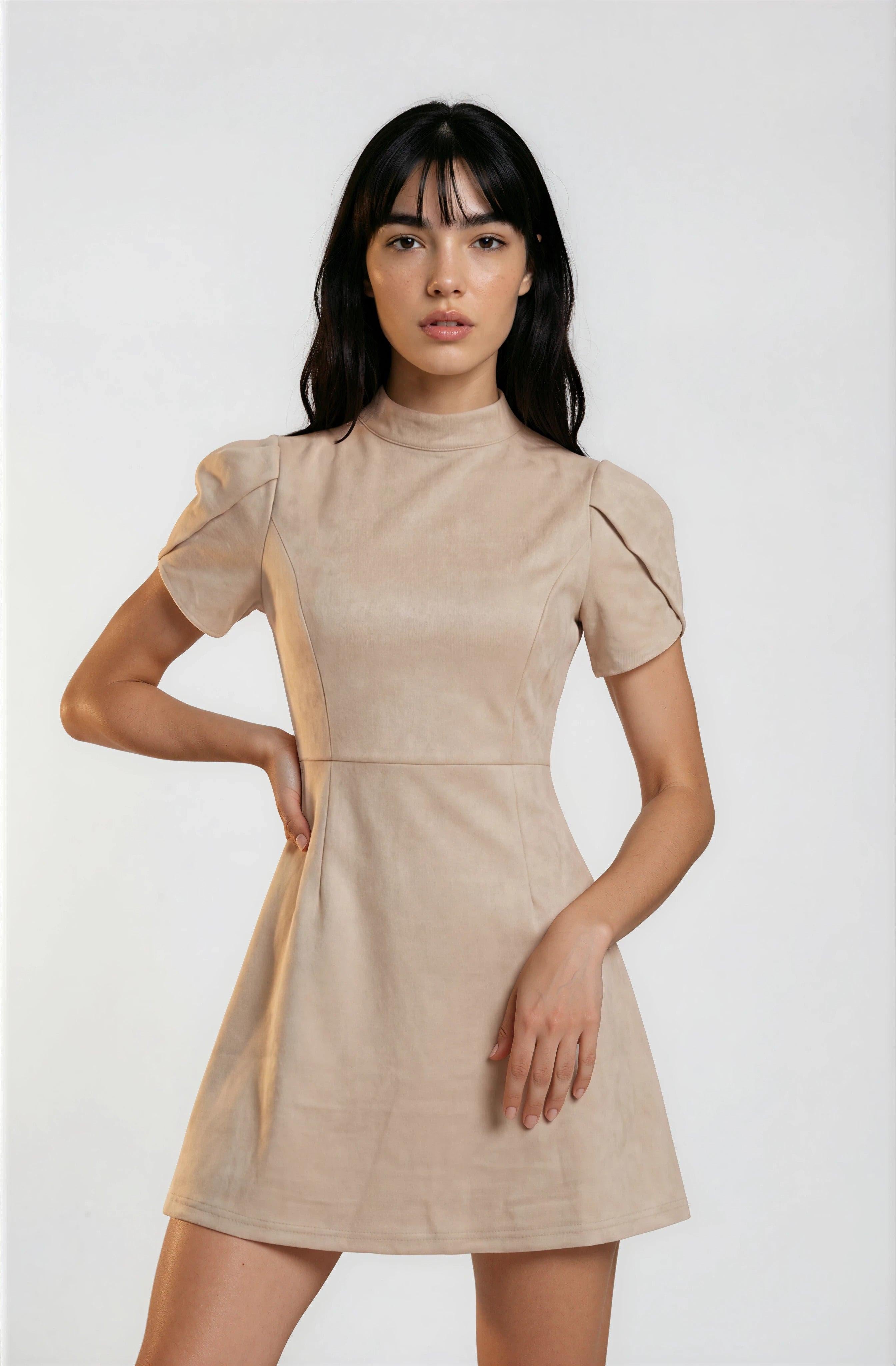 Neutral Elegant Puff Sleeve Mini Dress | Change Theory UAE.