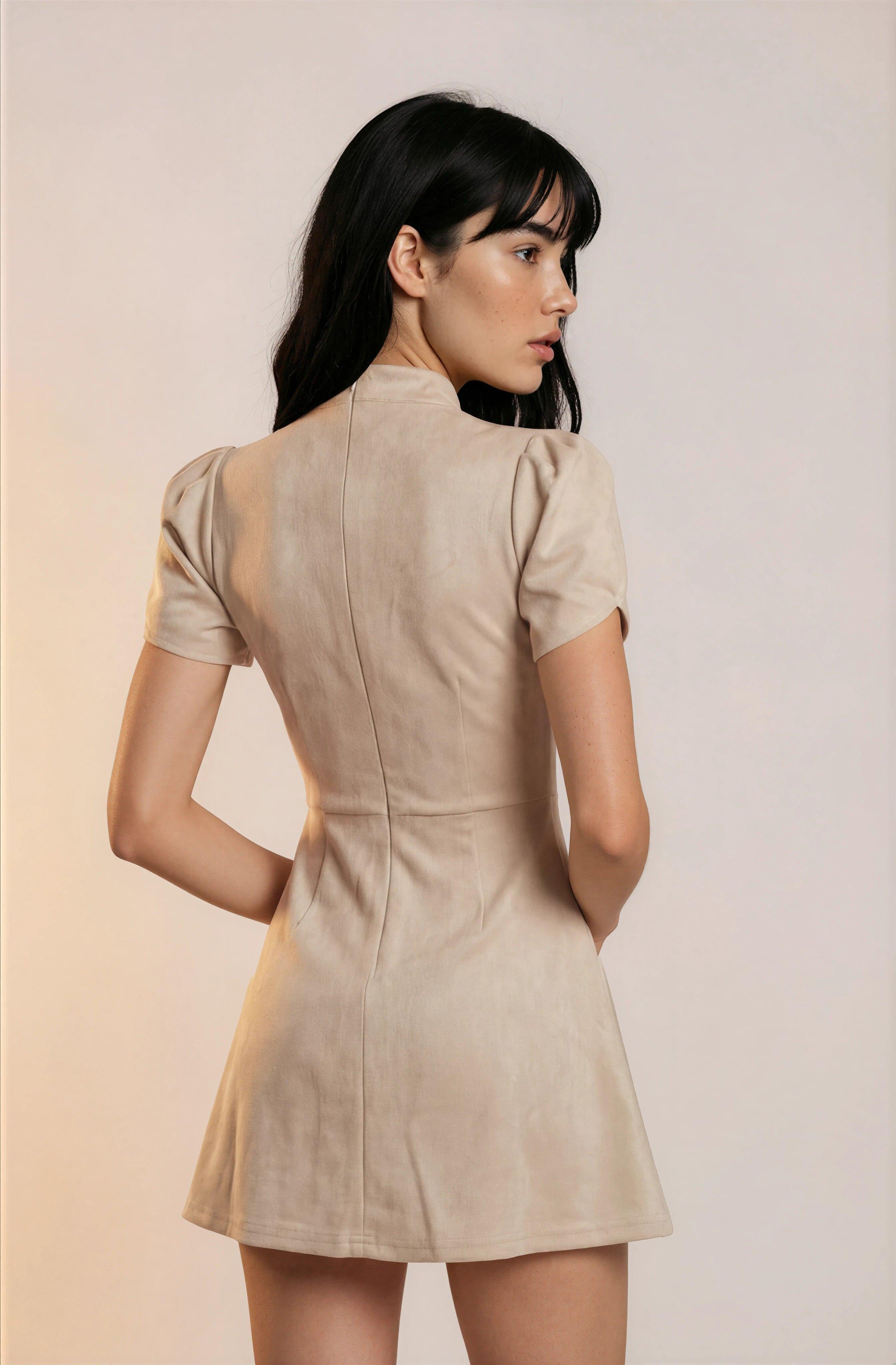 Neutral Elegant Puff Sleeve Mini Dress | Change Theory UAE.