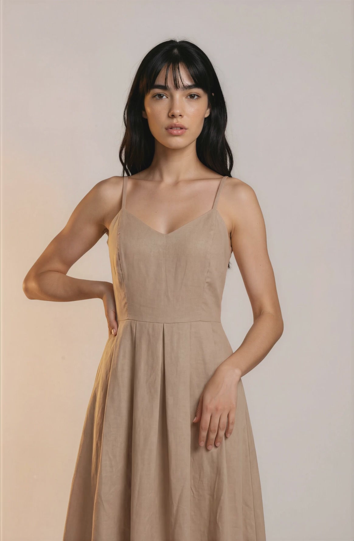 Beige Linen Spaghetti Strap Midi Dress | Change Theory UAE.