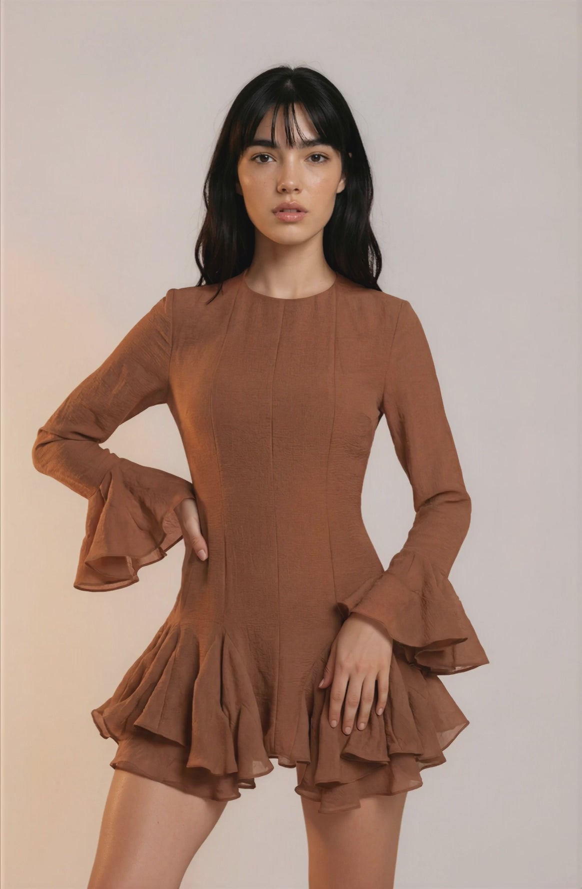Chocolate Brown Ruffle Mini Dress | Change Theory UAE.