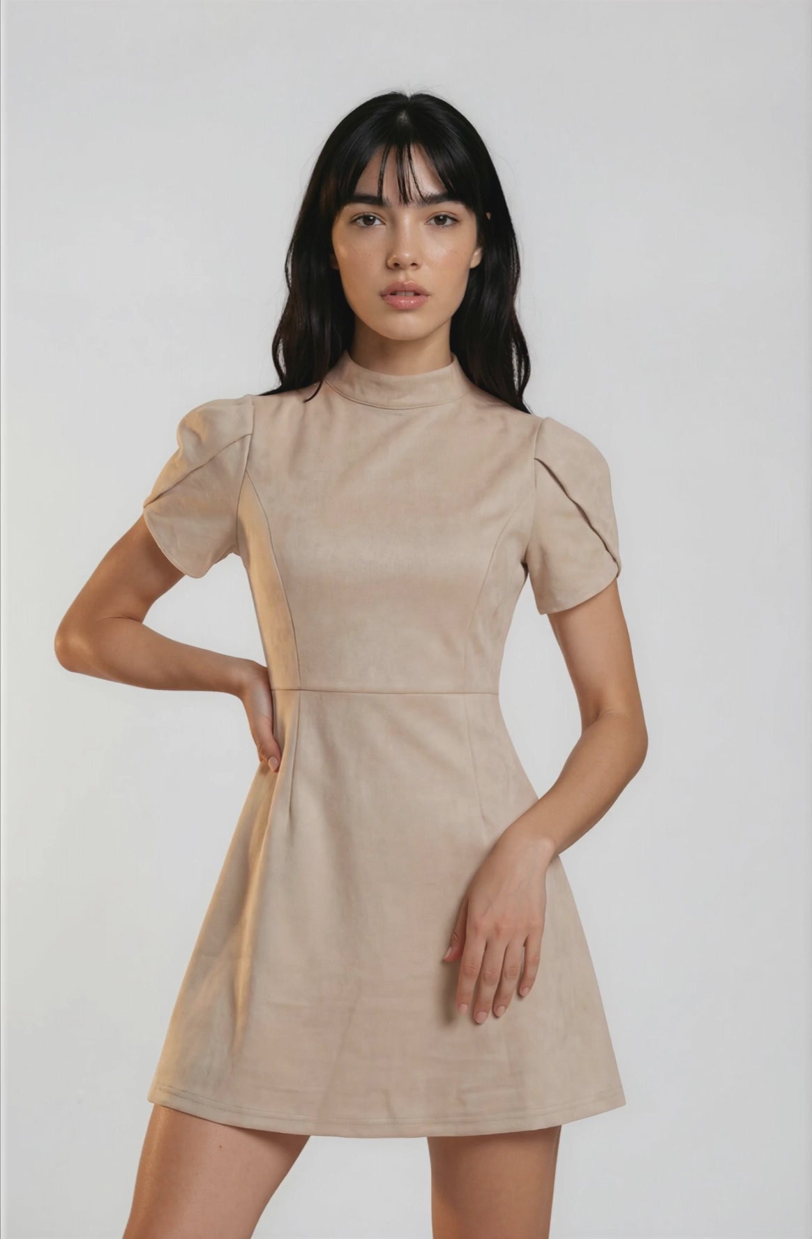 Neutral Elegant Puff Sleeve Mini Dress | Change Theory UAE.